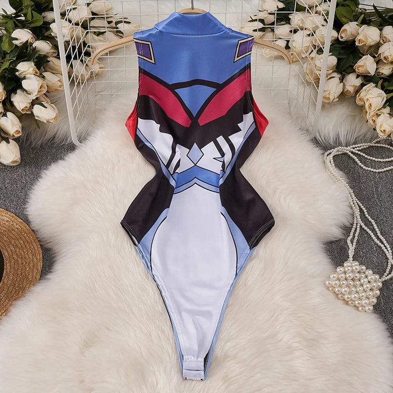 kawaii cartoon bodysuit costume for women high cut one piece swimsuit style with blue red black anime print