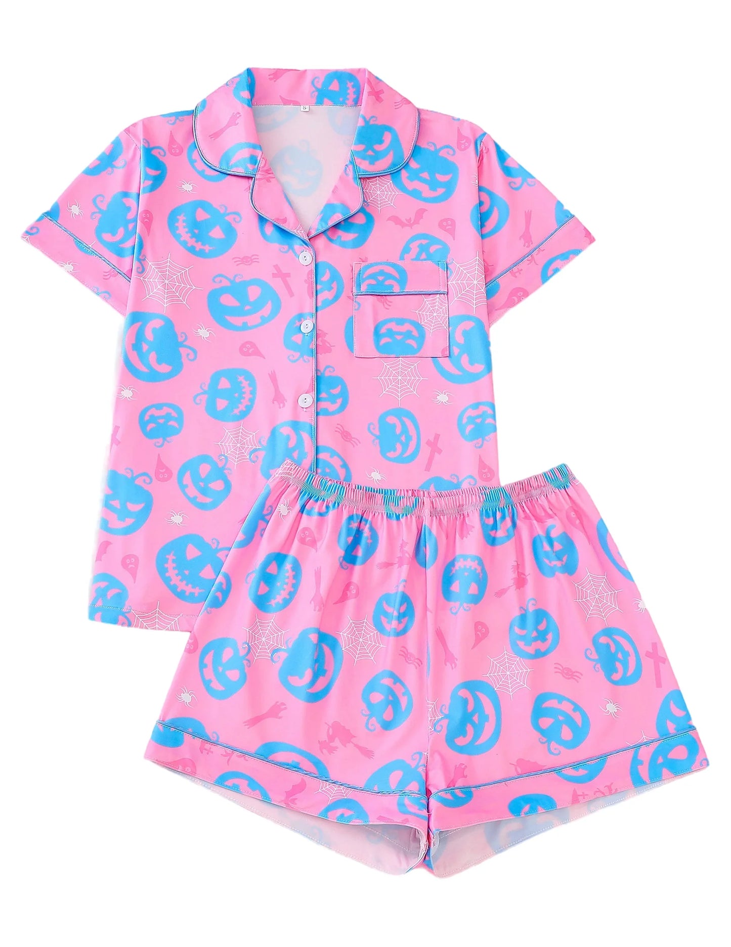 Women Halloween Pumpkin Bat Print Pajama Set,Breathable Lapel Loungewear Short-Sleeved Roll-Neck Shirt and Loose Shorts S-XXL