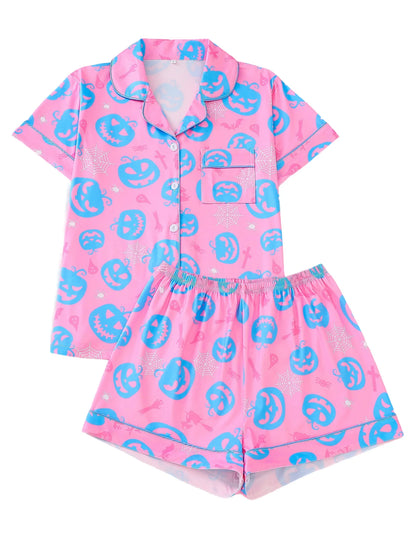 Women Halloween Pumpkin Bat Print Pajama Set,Breathable Lapel Loungewear Short-Sleeved Roll-Neck Shirt and Loose Shorts S-XXL