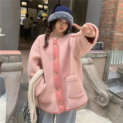 2024 Winter New Women's Lamb Wool Jacket Petite Loose-Fit Thickened Integrated Deer Skin Fleece Medium-Length Korean Style