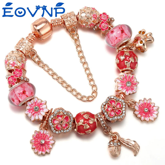 Spring Style Charms Bracelets For Women With Snake Chain Pink Daisy DIY Charms Beads Pendants Fashion Jewelry Dropshipping