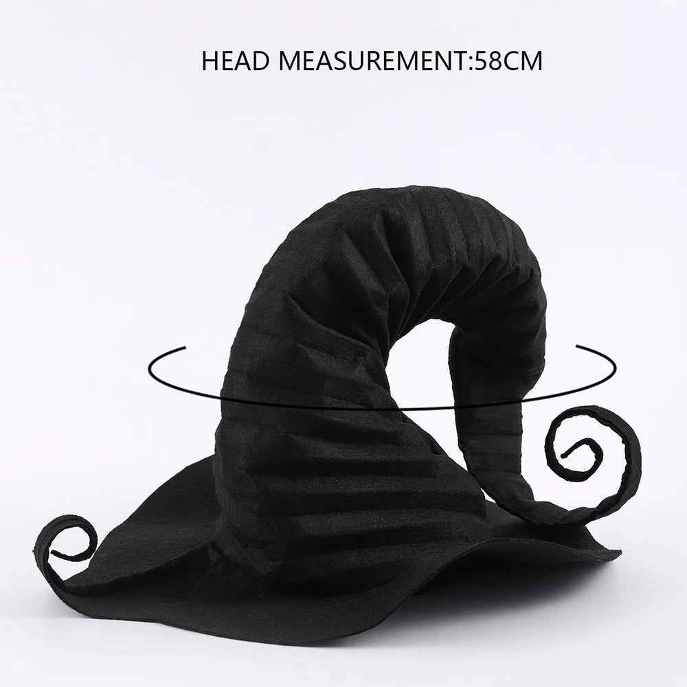 Handmade black witch hat for women with unique spiral design and 58cm head measurement