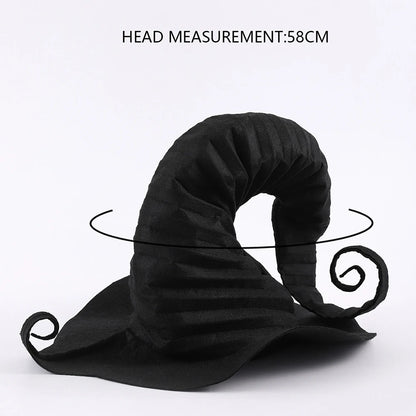 Handmade black witch hat for women with unique spiral design and 58cm head measurement