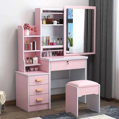 Wooden Table with Mirror, Home Makeup Table, 4 Drawers, Vanity Set with Folding Mirror