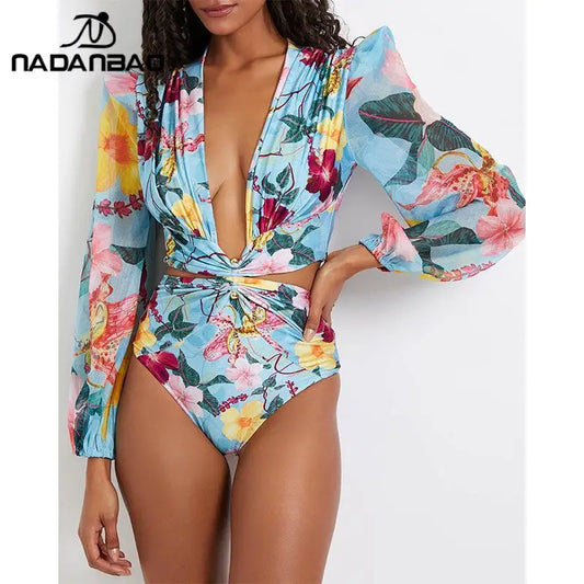 Nadanbao Sexy Bodysuit Swimsuit Women Hollow Out Two-Piece Bikini Set Female Long Sleeve Floral Print Fashion Surfing Beachwear
