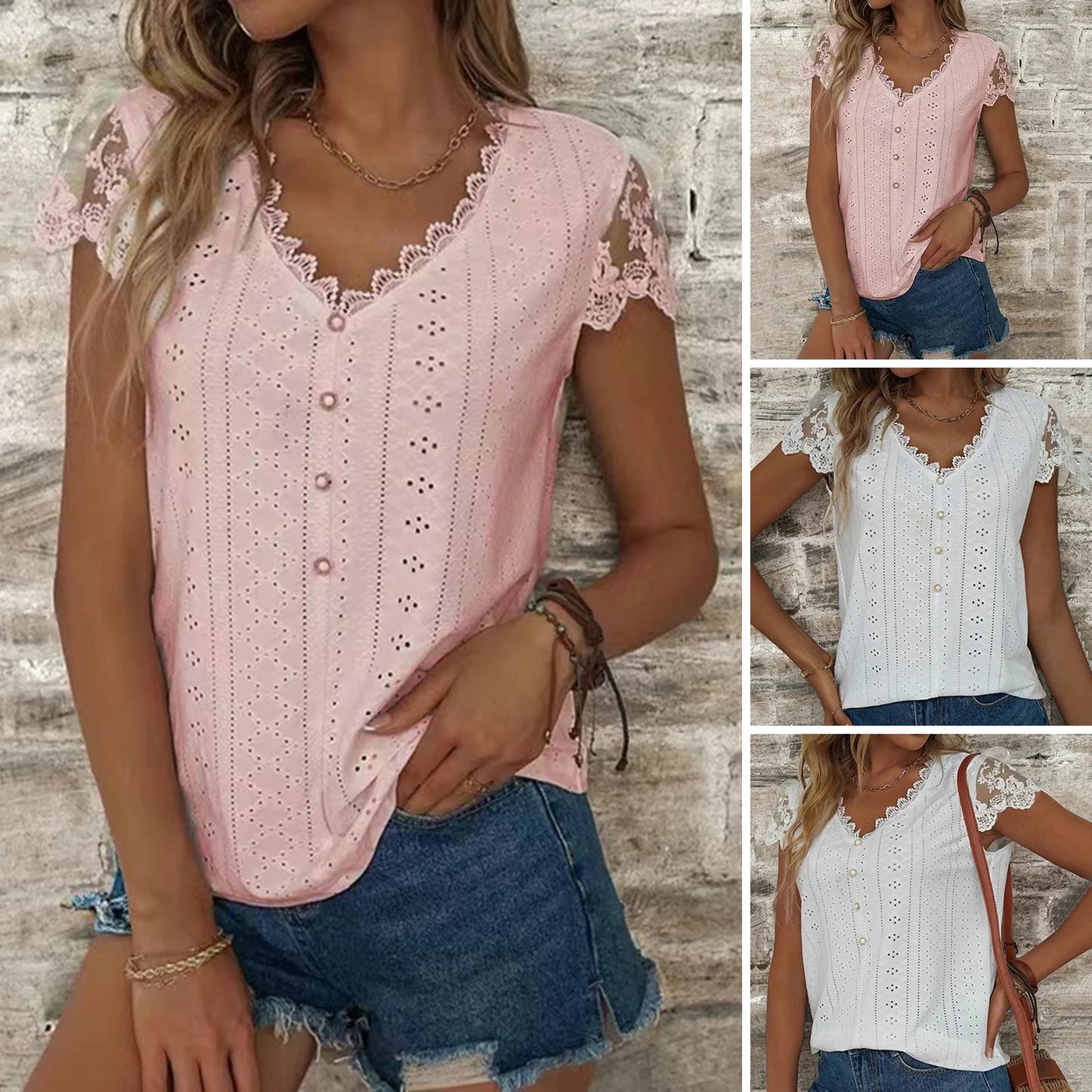 Elegant Women's Casual White Lace Shirt Blouses Office Summer Ruffles Short Sleeve Shirts For Women Hollow Out Simple Top Female