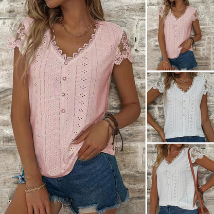 Elegant Women's Casual White Lace Shirt Blouses Office Summer Ruffles Short Sleeve Shirts For Women Hollow Out Simple Top Female