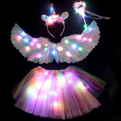 Light up angel costume for girls with glowing wings, dress, headband, and accessory heart