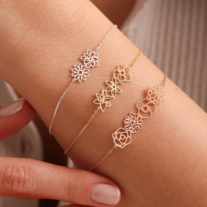 Combined Birth Flower Bracelets Women Custom Jewelry Multiple Birthflower Pulseras Stainless Steel Personalized Christmas Gift