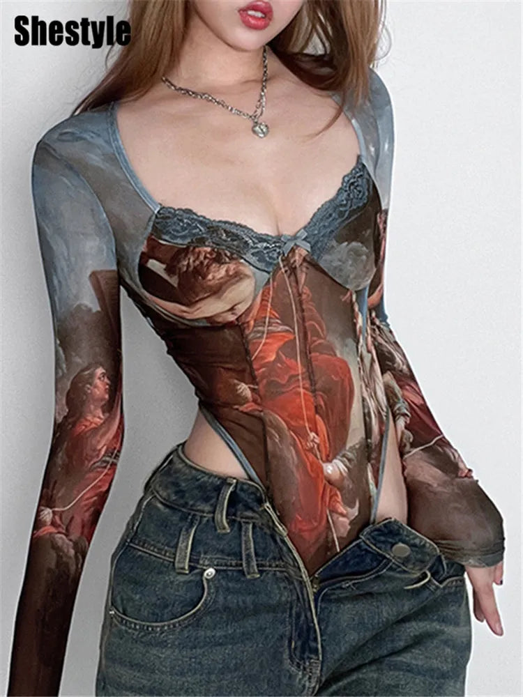 Shestyle Square Neck Classic Mesh Bodysuits Women Vintage Canvas Printed Lace Bow Brown High Waist Wrapping Halloween Christmas
