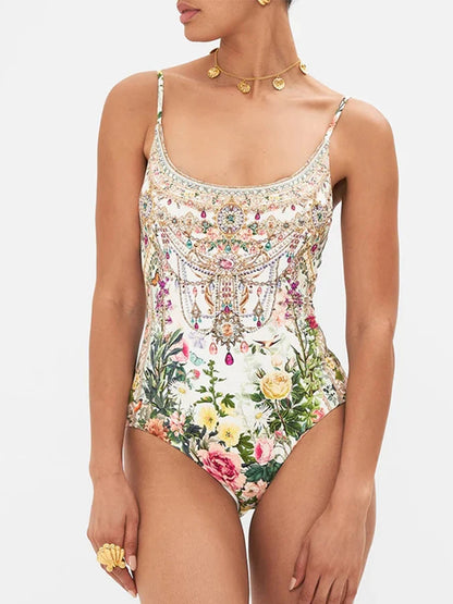 Fashion Floral Print Vintage Elegant Oil Print One Piece Women's Bikini Swimsuit U Neck Backless With Long Cover Up 2024 Summer