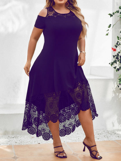 Plus Size Women' Solid Elegant Lace Spliced Cold Shoulder Midi Dress Summer Ladies Banquet Party Cocktail Sundress Size 0XL-5XL