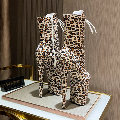 Sexy Fetish Leopard 20cm/8Inch Women's high-heeled Ankle Boots Lace-up Zip Platform Suede Pole Dance Shoes Large Size 44 WESTERN