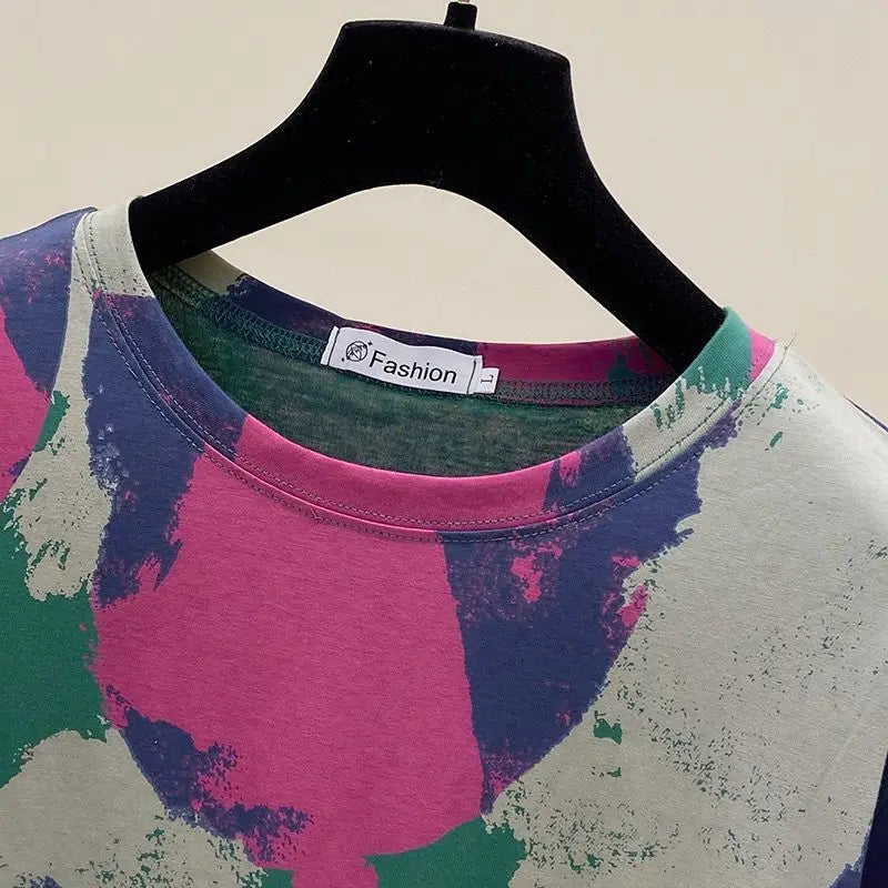 Tie Dye Printing Vintage O-Neck Pullover Short Sleeve T-Shirt Women's Blouse Shirt Korean Fashion Female Clothing Tops 2024