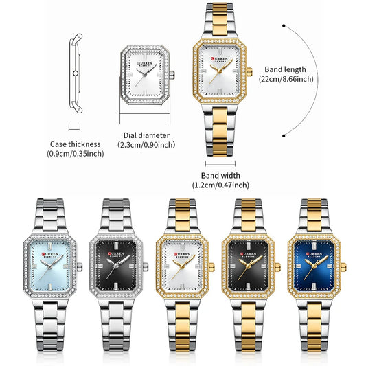 CURREN Luxurious Elegant Women's Watches Classic Rectangular Dial with Rhinestones Luminous Hands Waterproof