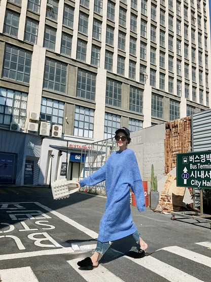 Winter Women Dress Fall Sweater Women Dress Long Sleeve Knitted Dresses Maxi Vintage Oversize Dresses Knitting Thick Warm Purple