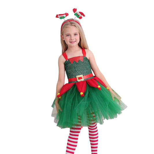Girls Christmas Elf Cosplay Costume Carnival Party Kids Santa Claus Princess Tutu Dress Children's Xmas Role Play Fancy Dress-up