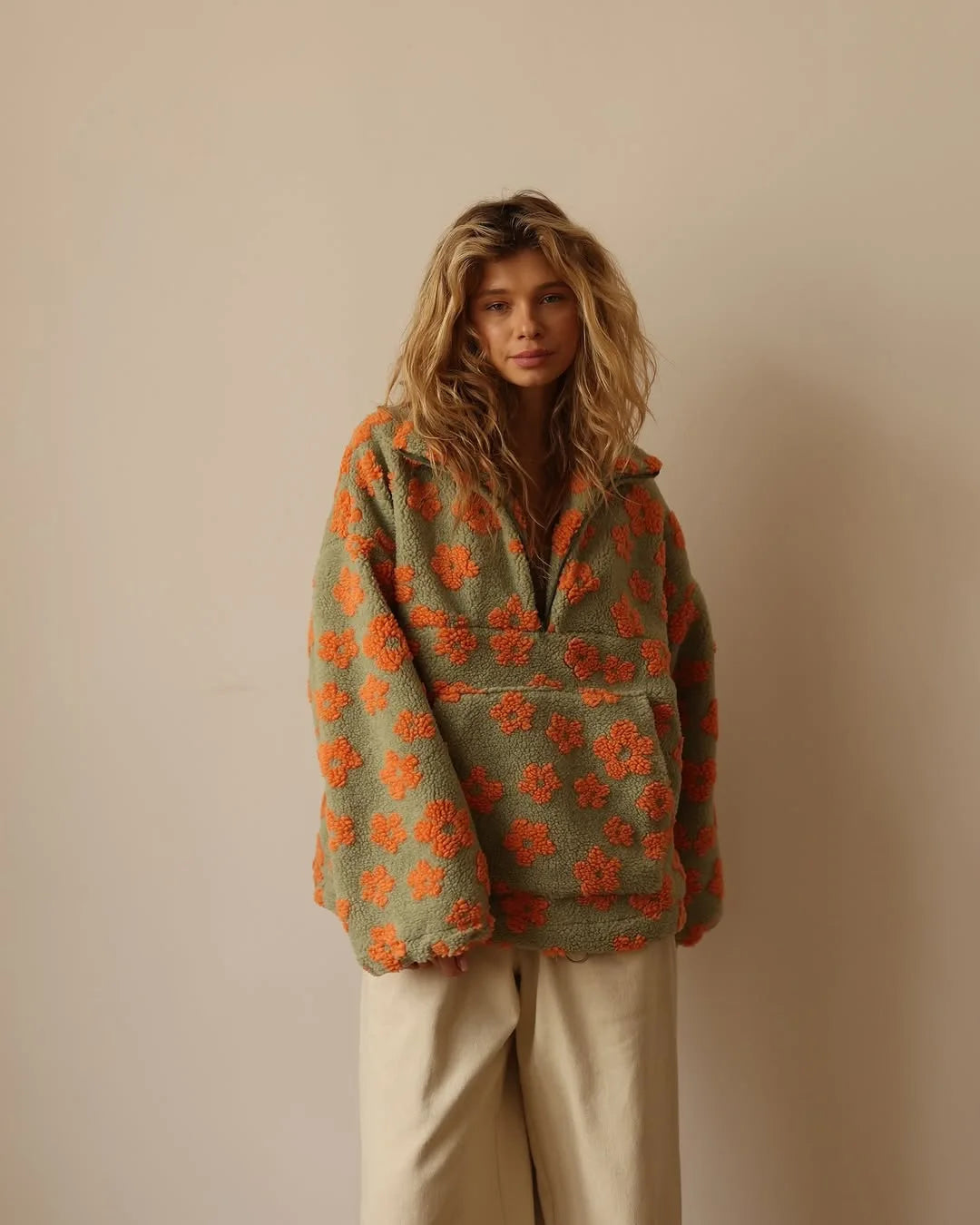 EtherealBe cozy lambskin coat for women in green and orange floral design, perfect for casual wear