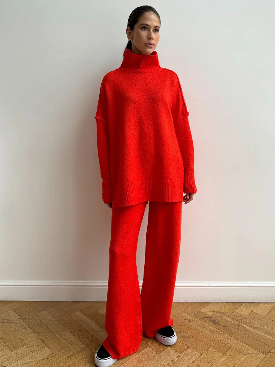 Bornladies Women's Autumn Winter Turtleneck Sweater Pants Set Loose Casual Knitted Sweater  Thicke Loose Pullover 2 Pieces Sets