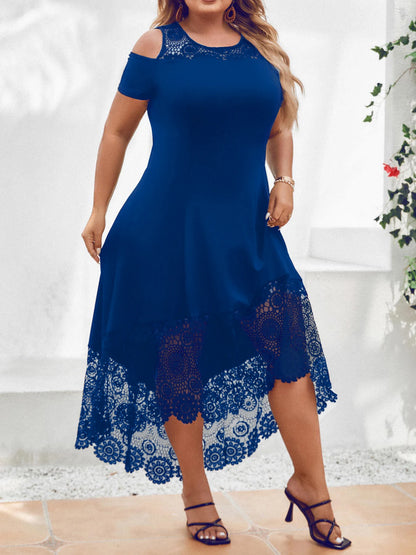 Plus Size Women' Solid Elegant Lace Spliced Cold Shoulder Midi Dress Summer Ladies Banquet Party Cocktail Sundress Size 0XL-5XL