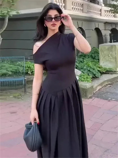 Black Off-Shoulder Autumn Long Dress For Women High Waist Patchwork Slim Sexy One-Shoulder Party Dress Female Maxi Dress