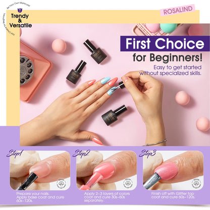 ROSALIND 24PCS Gel Nail Polish Set with Base and Top Coat Soak Off Nail Gel Kit Long Lasting