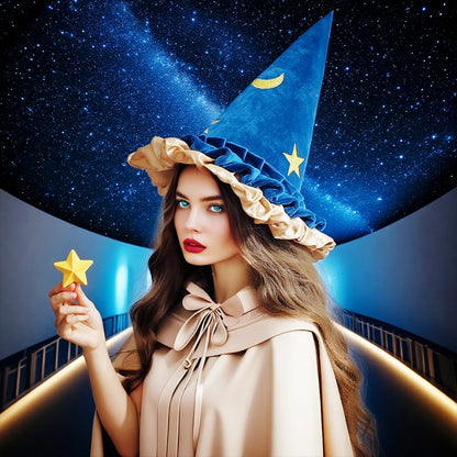 Stylish blue Halloween witch hat for women with stars and ruffled trim, perfect for festive outfits