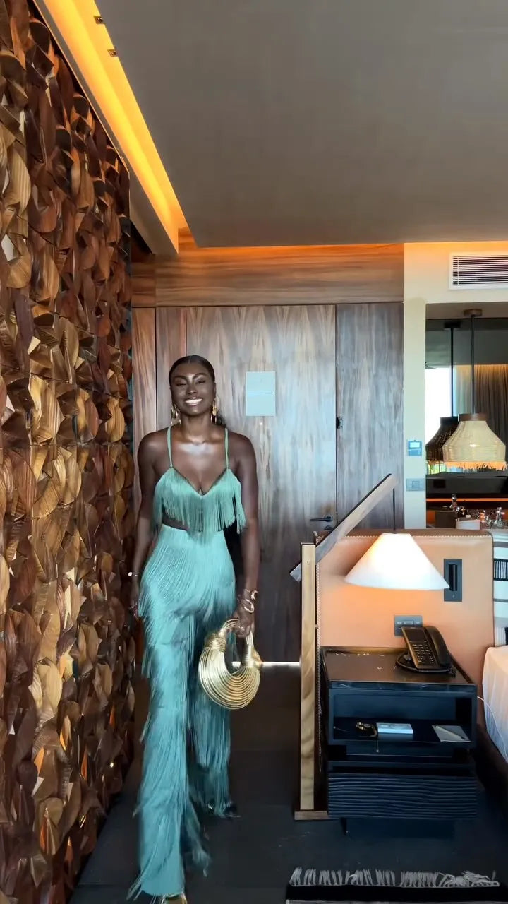 Elegant Mint Green Fringe Pant Set For Women Sexy V-neck Strap Crop Top High Waist Long Trouser Suit Lady 2025 Chic Party Outfit