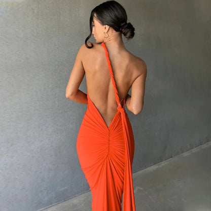 Hugcitar One Shoulder Backless Adjustable Scarf Loop Ruched Sexy Maxi Dress 2025 Women Elegant Y2K Streetwear Festival Outfit