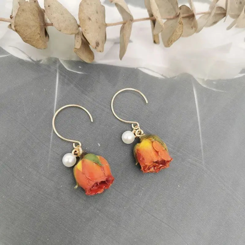 Unique Immortal Flower Earrings Elegant Natural Flower Pearl Drop Earrings Statement Jewelry Epoxy Resin Real Rose Earring 2024