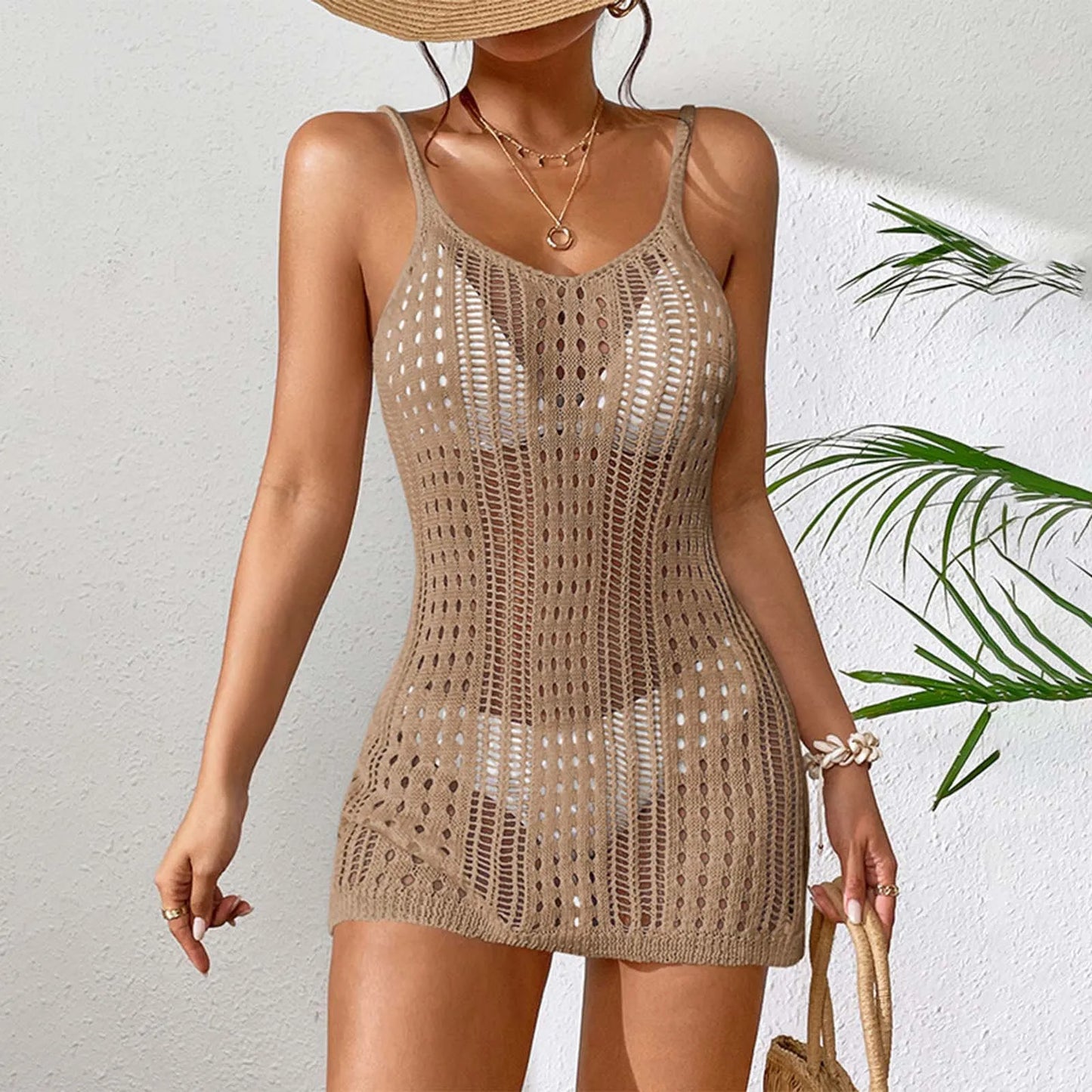 Women'S Sexy Sheer Knit Textured Crochet Overlay Spaghetti Strap Short Dress Beach Cover Women S Swim Cover Ups Halter Cover Up