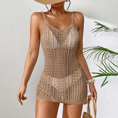 Women'S Sexy Sheer Knit Textured Crochet Overlay Spaghetti Strap Short Dress Beach Cover Women S Swim Cover Ups Halter Cover Up