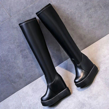 Knee Thigh High New In Women's Boots Genuine Leather Fur Long Shoes for Women Winter 2025 Wedges Chunky Platform Heeled Black
