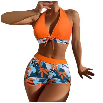 Women's Paneled Printed Swimsuit Ladies Fashion Sexy Split Boxer High Waist Swimsuit Two-Piece Set V-Neck Bathing Suits Female