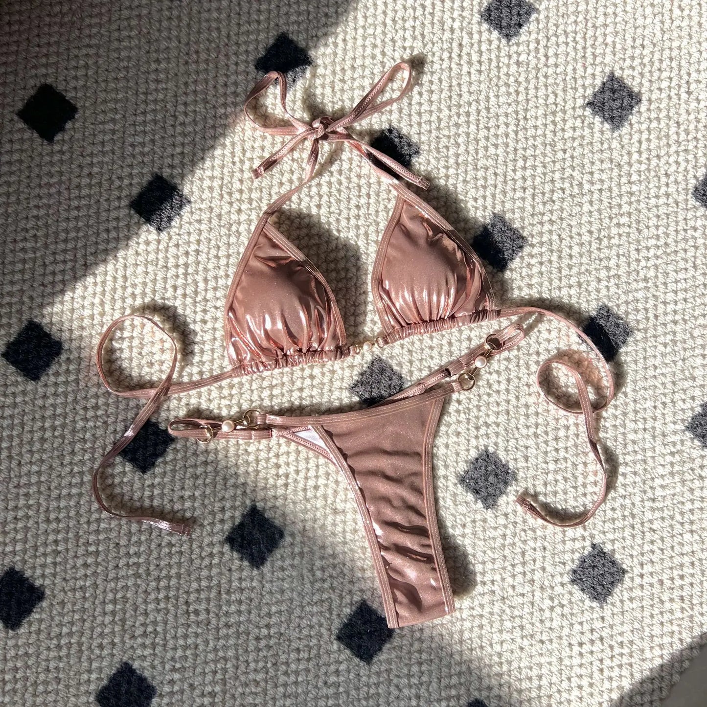 Shiny Pink Micro Bikini 2025 Mujer Women Sexy PU Pearls Push Up Thong Swimsuit Summer Bathing Suit Bandage Holiday Swimwear