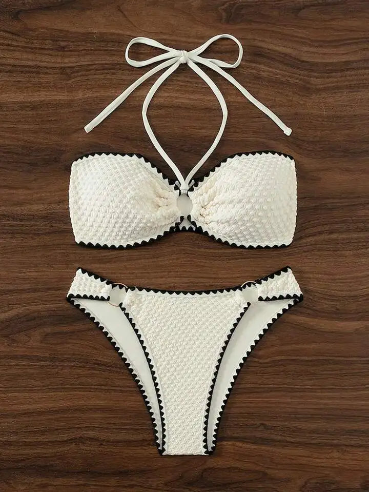 Swimwear White 2 Piece Strapless Swimsuit for Women Sexy Bandeau Backless Bikini Set Lace-up Patchwork Bathing Suit 2025 New