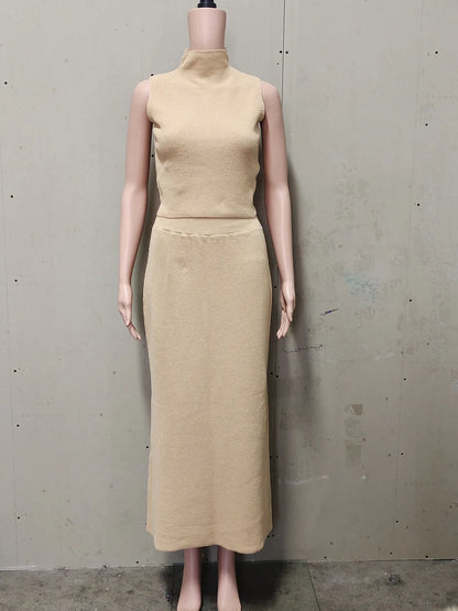 Autumn Elegant Long Skirt Two-piece Set Women's Sleeveless Knitted Turtleneck Vest Slim Skirt Set Female New Fashion Skirt Set