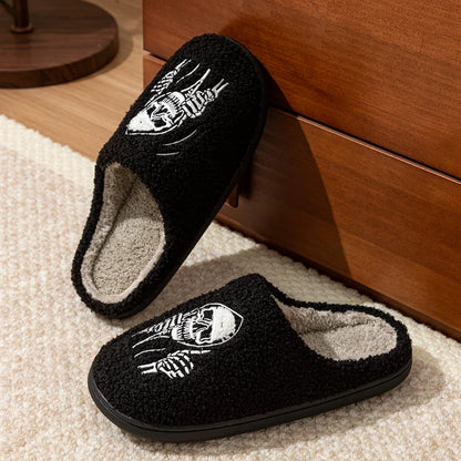 Black skull face women's slippers with plush lining for comfort and style at home