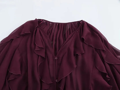 MUJER Ruffle Womens Blouses Semi Sheer Casual Blouses Woman Spring Fairy Shirts and Blouses for Lady Long Sleeve Tops Woman 2025