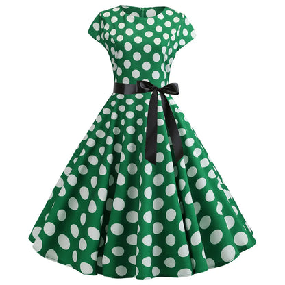 Women Vintage 1950s 60s Polka Dot Print High Waist A-line Swing Party Dress Retro Short Sleeve With Belt Evening Prom Dress