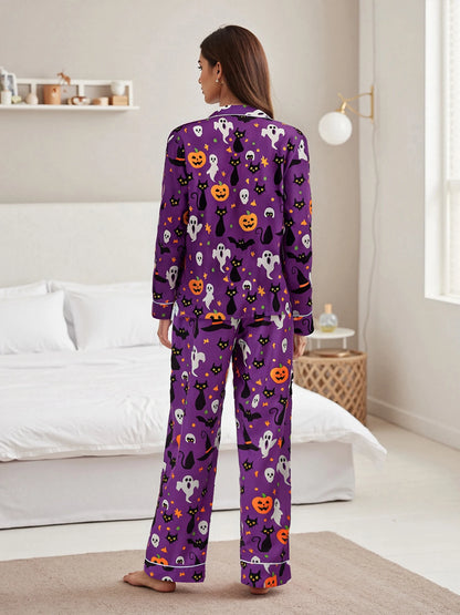 Women Halloween Pajama Set Pumpkin Ghost Long Sleeve Tops + Pants For Nightwear Homewear Casual Wear