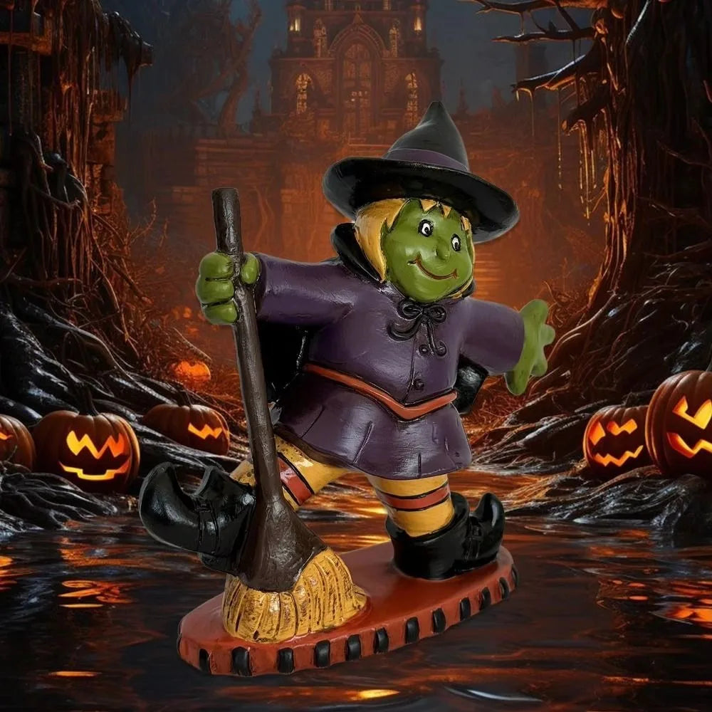 Colorful Halloween witch figurine with broomstick, perfect for festive decorations