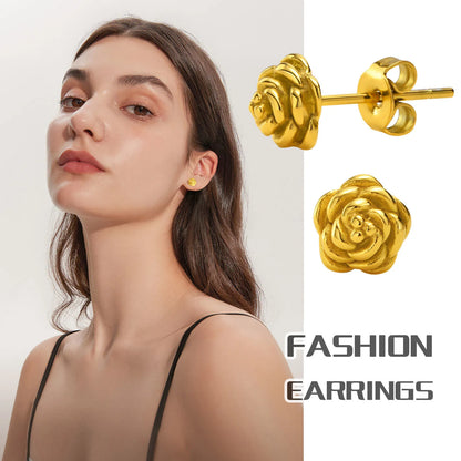 Exquisite Rose Flower Stud Earring, Stainless Steel Gold Color Petal Earrings, Trendy Women Christmas Gift