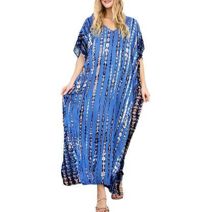 Womens Plus Size Kaftans Casual V Neck Puff Sleeve Boho Loose Floral Long Soft Beach Maxi Summer Swing Party Dresses For Women
