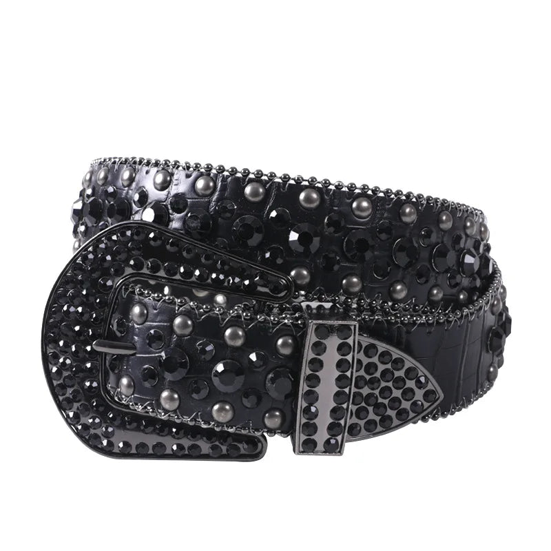 Luxury Designer Belts For Women With Gems Studded Waistband Gothic Black Western Style Fashion Buckle Pin Belt Female Hip Hop