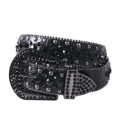 Luxury Designer Belts For Women With Gems Studded Waistband Gothic Black Western Style Fashion Buckle Pin Belt Female Hip Hop