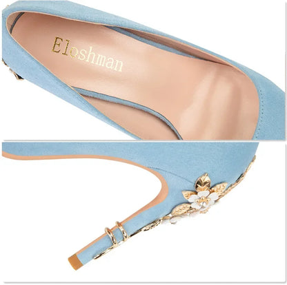 EtherealBe elegant blue flower embellished women's heels with a stylish floral design