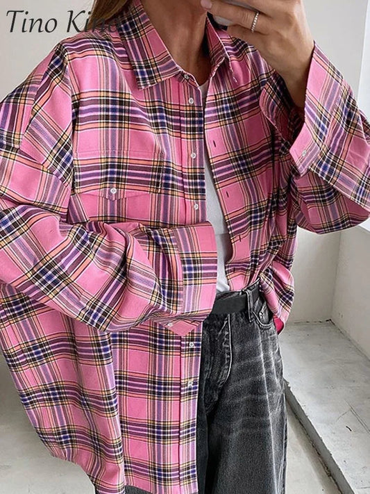 Casual Spring Women's Plaid Shirt Colorful Oversize Check Street Lapel Female Shirts 2024 New Vintage Fall Lady Blouse Coat Top