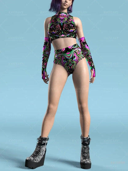 Adult Sleeveless Multicolor Role Play Bodysuit Swimsuit Women Sexy Hollow Off Shoulder Graffiti Art Bodycon Performance Costume