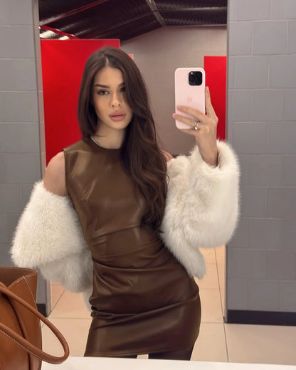 Tossy PU Sexy Fashion Maxi Dress For Women High Waist Sleeveless Slim Patchwork Solid Skinny Streetwear Female Bodycon Dress New